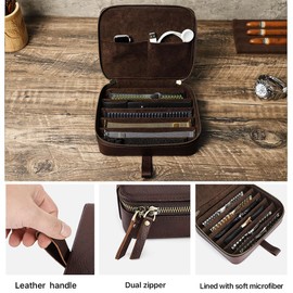 CONTACTS Full Grain Leather Watch Straps Case 6 Slot Watches Bands Travel Box with Handle Portable Watches Band Storage Organizer Bag