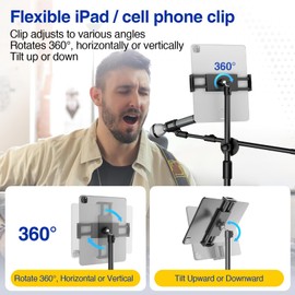 OUKMIC Boom Mic Stand, Microphone Holder Floor with Tablet Phone Support, Heavy Duty Tripod Adjustable Height and Angle 35-65 Inch With Portable Bag for Singing Karaoke Stage