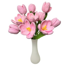 YOFANUP Tulip Crochet Flowers, Finished Handmade Crochet Tulips, Artificial Tulip Home Decor, Length 38cm/15 inches, Knitted Flower Never Withered, Flowers for Mom, Daughter, Wife, Teacher (Pink, 4)