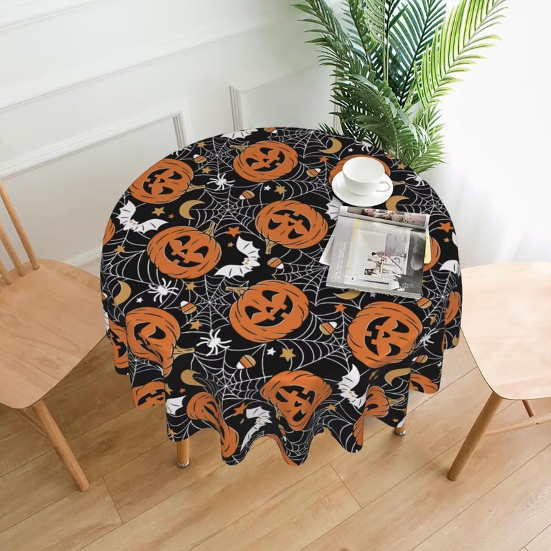 Sunshineyan Halloween Tablecloth 70 Inch Round, Black Pumpkins Spider Web