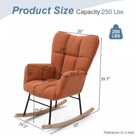 UOCFYK Nursery Rocking Chair, Boho Accent Ottoman, Teddy Upholstered Glider Rocker with High Backrest, Recliner Function and Foot Rest for Living Room, Small Spaces, Bedroom, Orange