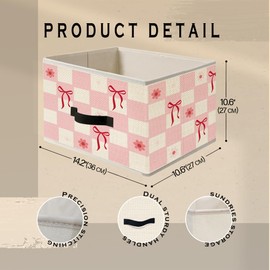 Evcprz Preppy Pink and White Checkerboard Storage Bins, Coquette Pink Bow Collapsible Fabric Storage Basket Box Organizer for Bedroom Nursery Living Dorm Room Clothes Toys Books, Toybox for Girls Room