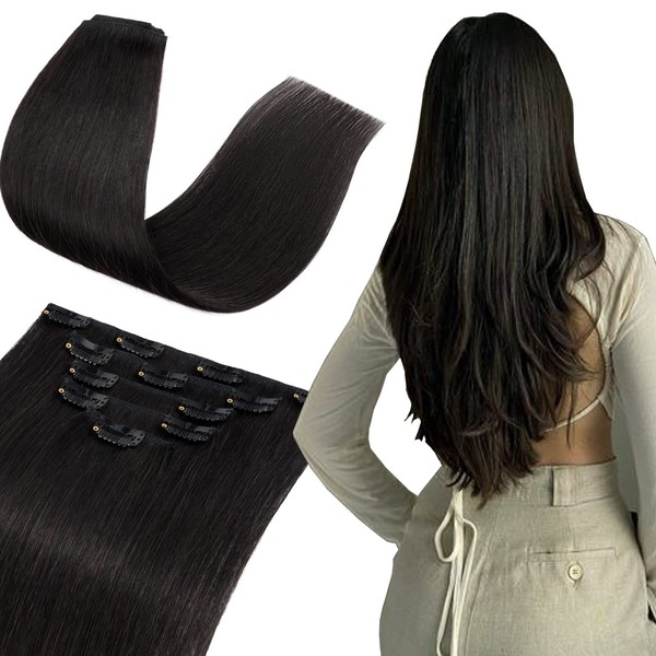 S-noilite Clip-In Real Hair Extensions, #1B Natural Black, 100% Remy Real Hair, 5 Wefts, 12 Clips, Remy Natural Hair Extensions for Thin Hair, 55 cm (75 g)