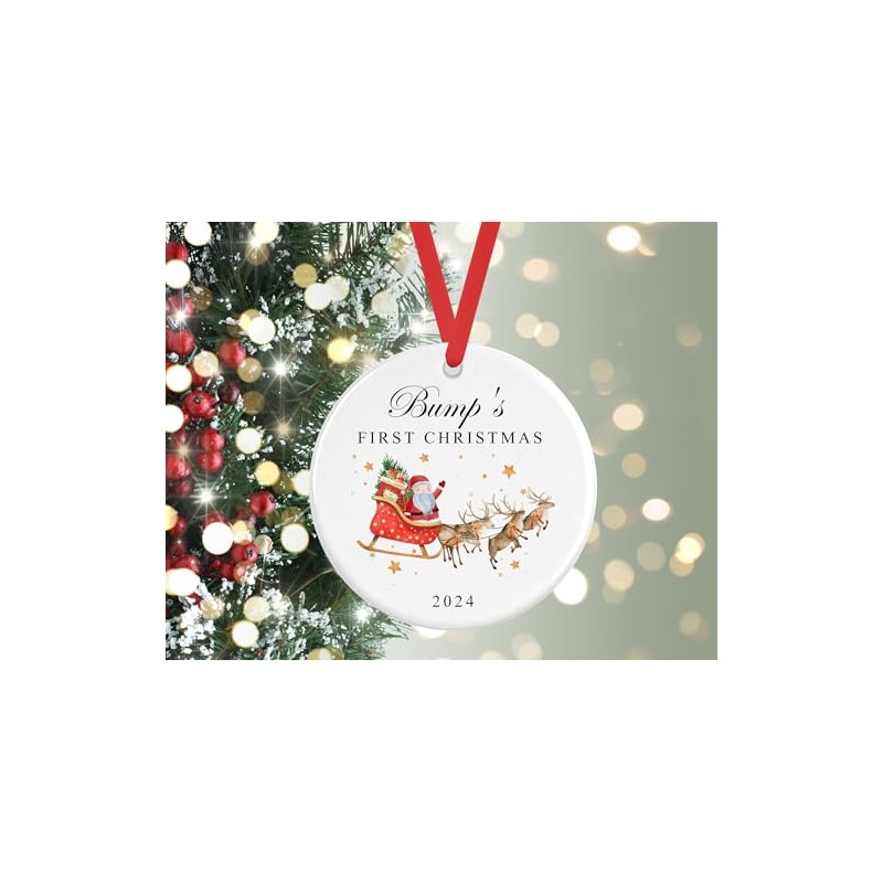 Bump's First Christmas Bauble | Santa Sleigh Reindeers Ceramic Decoration