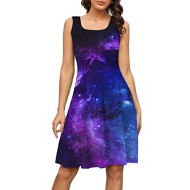 Fanient Women's Space Sleeveless Midi Dresses Galaxy Pattern Casual Sundress Scoop Neck Flared Tank Dress M