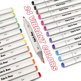 ABEIER Textile Pens, Machine Washable, Fabric Colouring Pens, Waterproof Textile Markers, 24 Colours, Double Fibre Pens, Fabric Paints, Washable, Textile Colours, Fabric Pens for T-Shirts, Bibs, Jute Bags