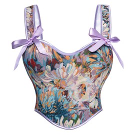 SCARLET DARKNESS Women's Renaissance Corset Square V-Neck Lace-up Corset Floral Print Corset, Purple-Blue Flowers