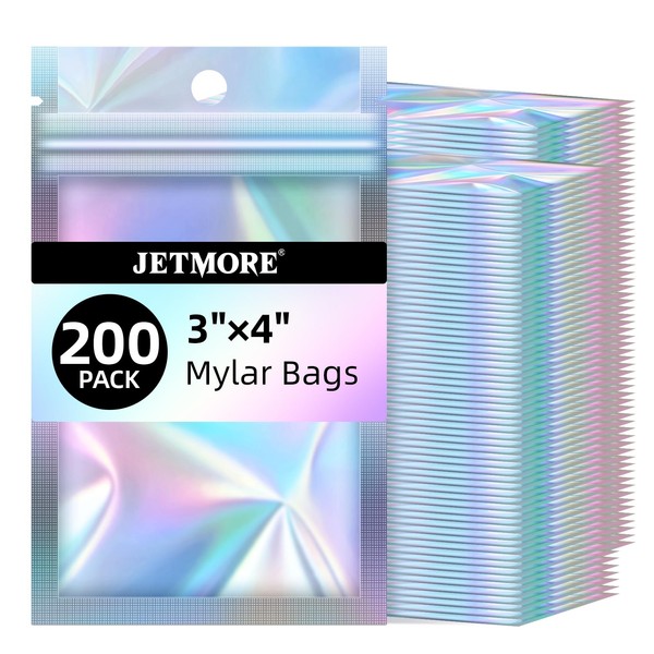 JETMORE Mylar Bags, 200 PCS Resealable Bags-3x4in, Holographic Bags for