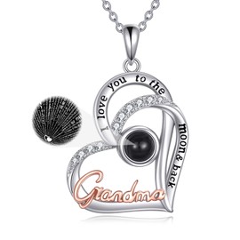 POPKIMI Sterling Silver Grandma Necklace I Love You to the Moon & Back 100 Languages Heart Pendant Necklace for Grandma Birthday Mother's Day