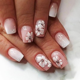 Flower Press on Nails 24Pcs Glossy Pink Gradient Short Square False Nail Plum Blossom Acrylic Full Cover Fake Nails White Ombre Stick on Nail Dots Gel Glue on Fingernails for Holiday Manicure Art