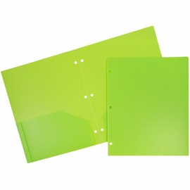 JAM PAPER Heavy Duty Plastic 3 Hole Punch School Folders with Pockets - Lime Green - 3/Pack