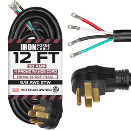 Iron Forge Cable 4 Prong Black Range Power Cord 12 ft - 50 Amp RV Extension Cord - Heavy Duty 6/8 AWG - NEMA 14-50P Flat Plug 4 Wire EV Cord