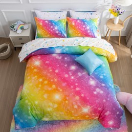 A Nice Night 6Pcs Gradient Glitter Bedding Set for Girls, Colorful Rainbow Galaxy Comforter Set, Ultra Soft Bedding Sets (Multi,Twin 6Pcs)