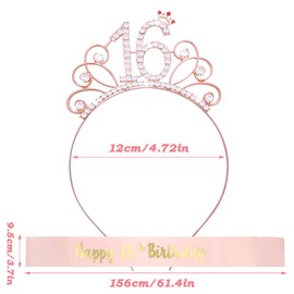 Abeillo 16th Birthday Sash and Rhinestone Tiara for Girls, 16th Birthday Satin Sash Rose Gold Crystal Crown 16 Birthday Gifts for Women 16th Birthday Party Decorations