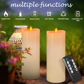 SoulBay Flameless Candles Battery Operated with Remote Timer, 8" x 3" LED Flickering Fake White Pillar Candle Decorative for Lanterns Table Home Decorations, 800H Long Lasting, Set of 2, Wax Shell