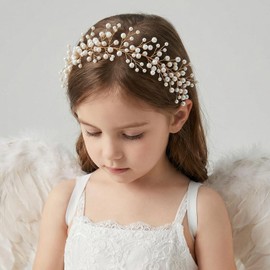 SWEETV Pearl Flower Girl Headpiece, Flexible Gold Wire Princess Crown Headband with Ivory Ribbon, Wedding Hair Accessories for Toddlers Kids First Communion