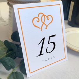 Linked Hearts and Border Wedding Table Numbers (Select Color/Quantity), White, Orange, 1-65, Double Sided, Tent or Use in a Stand, Great for Parties & Restaurants
