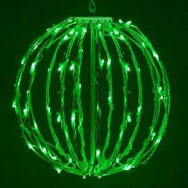 LED Light Ball Indoor-Outdoor Christmas Hanging Tree Globe Light Sphere, Fold Flat Metal Frame (12", White Frame/Green String Lights)
