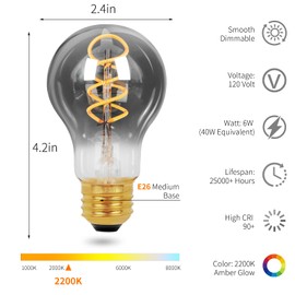 Decoaui Vintage Edison LED Light Bulbs A19, E26 Base, Dimmable 6W 2200K Candlelight Warm Glow, 300 Lumens 40 Watt Equivalent, Spiral Filament, Smoky Grey Tinted Glass, 6-Pack Decorative Antique Bulbs