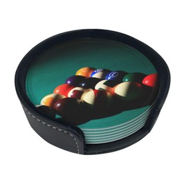 Billiard Ball Cool Coasters for Drinks Round Leather Coaster with Holder Set of 6 for Tabletop Protection Desk Accessories Office Home Room Decor