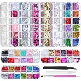 10 Boxes Nail Art Sequins Kit,Iridescent & Holographic Laser Butterfly Heart Star Maple Leaf Cherry Blossoms Sakura Petal Nail Glitter Flakes with Tweezers & Dotting Tools for DIY Manicure