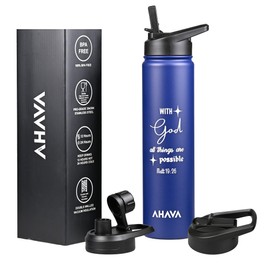 AHAVA Christian Gift Stainless Steel Hot Water Bottle | 750 ml | 2 Lids | Dishwasher Safe | 12hrs Hot, 24hrs Cold | with God All Things are Possible | Matthew 19:26 (Estate Blue)