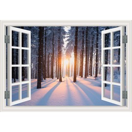 3D Wall Sticker Decals Warm Sunshine in Winter Window Snow Forest Scenes Wall Murals Art for Livng Room Decor Vinyl Removable Peel and Stick Wall Decal Wallpaper for Home Office Basement - 20"x28"