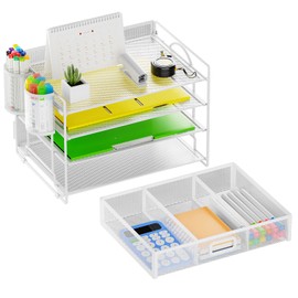 Marbrasse 4-Trays Desk File Organizer with 2 Pen Holder, Desktop Hanging File Holder with Drawer, Paper Letter Tray Organizer, Mesh Office Supplies Desk Paper Organizer for Home Office (White)