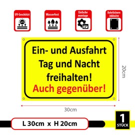 Einfahrt freihalten Signs - Ausfahrt freihalten Sign - auch gegenüber - Parken verbotten - Garage Tag und Nacht freihalten (30 x 20 cm) (1 Piekt Einfahrt freihalten Tag und Nacht)