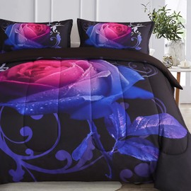 WONGS BEDDING Gradient Rose Comforter Set King Valentine's Day Reversible Pink & Blue Rose Pattern Printed Bedding Comforter Set with 2 Pillowcases, Soft Microfiber Filling Bedding Set 103"x90"