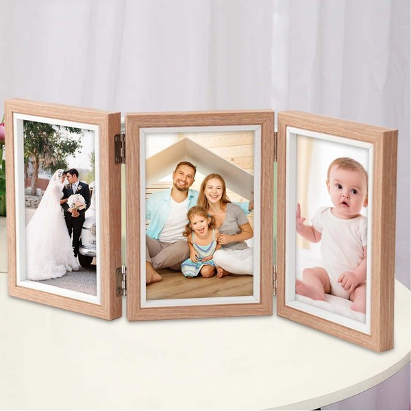 Delamiya Picture Frame 3 Photos Foldable 10 x 15 cm Picture Frame Collage for 3 Photos Picture Frame with Hinged Triple Foldable Frame Table Top Desk Display Gift for Mother Friend