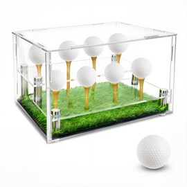 Acrylic Metal Golf Ball Display Case for 8 Balls, Golf Ball Holder Stand Box with Clear Acrylic Cover, Wooden Base, Lifelike Turf, Memorabilia Stand Holder for Golf Ball Collections, No Golf Balls
