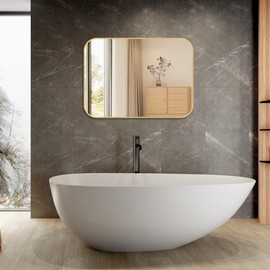 JENBELY 24x36 Inch Gold Bathroom Mirror, Brushed Brass Gold Metal Framed Rectangular Mirror with Rounded Corner, Wall Mounted Vanity Mirror for Bedroom or Living Room, Horizontal/Vertical