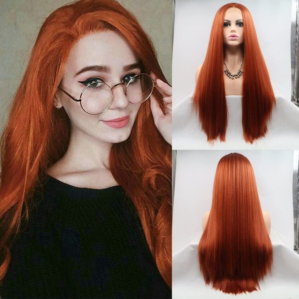 360 # Copper Red/Orange Long Drag Queen Wig Yaki Straight High Temperature Synthetic Lace Front Wig for Women's Girls Klebefreien Half Hand on Tip 66 cm