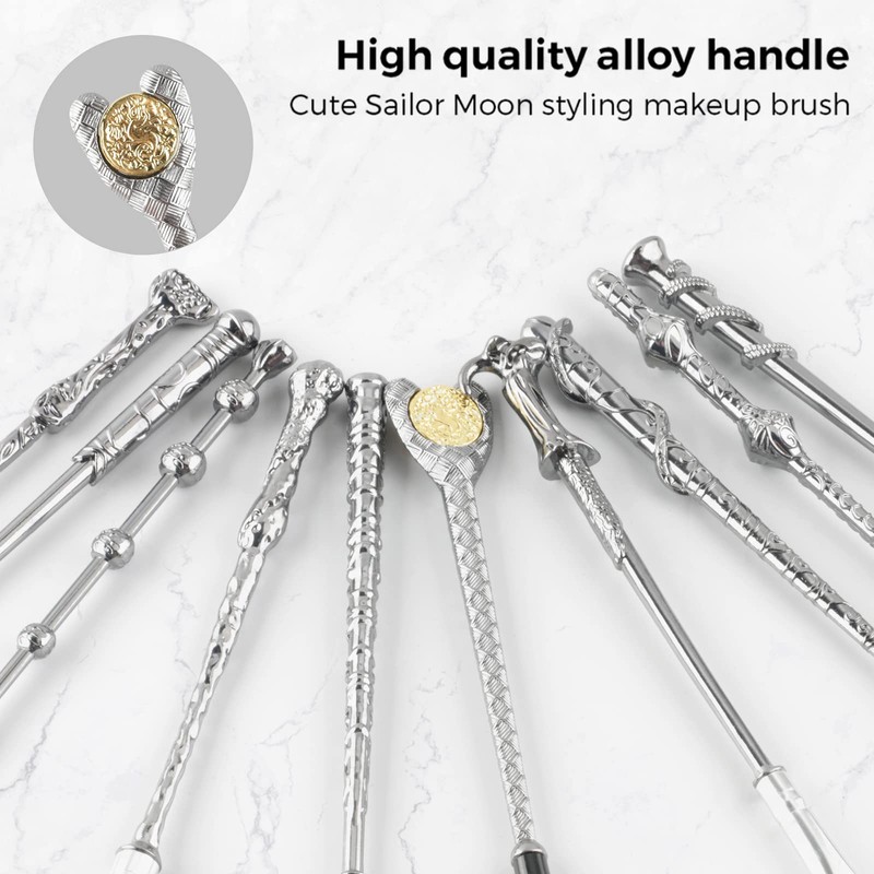 [10 PCS] Makeup Brush Set Metal, Silver Handle Wizard Wand