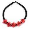 Avalaya Statement Black/Red Glass Bead with Shell Floral Motif Necklace/48cm