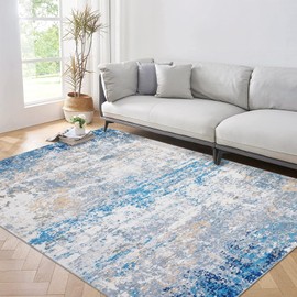 ROYHOME Large Rug for Living Room 8x10 Washable Rug Modern Abstract Faux Wool Accent Rug Ultra Soft Rug Non Slip Non Shedding Accent Rug for Bedroom Dining Room Office Home, Blue/Grey