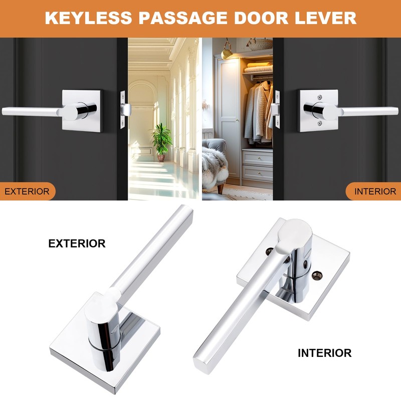 Probrico Square Polished Chrome Passage Door Handle Heavy Duty Keyless