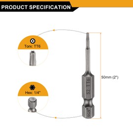HARFINGTON 3pcs TT6 Security Torx Head Screwdriver Bit 2" (50mm) Long 1/4" Hex Shank Magnetic Tamper Proof 6 Point Star Screw Driver Drill Bits S2 Steel Hole Tip Industrial Power Tools
