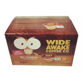 Wide Awake Coffee Pods 10-Pk 100% Colombian Creamy Balanced, K Single Cup Brewer