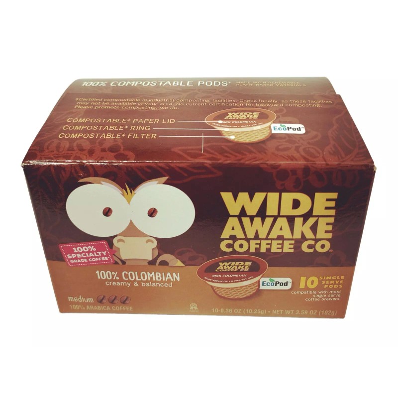 Wide Awake Coffee Pods 10-Pk 100% Colombian Creamy Balanced, K
