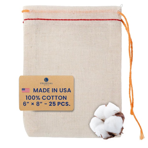 Bolsas de muselina de algodón hechas en los Estados Unidos, 6 x 8 pulgadas, dobladillo rojo, cordón naranja, paquete de 25 unidades