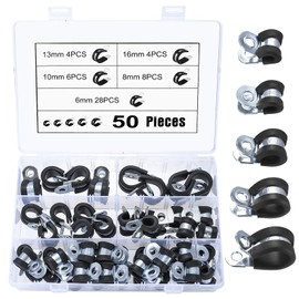 50 Pcs Carbon Steel Rubber Lined P Clips Assorted, Rubber Cushioned R Clamps, Hose Pipe Clamps Clips, Hose Clips, Metal Wire Cable Clamps Conduit Clips for Hose Tube - 6mm 8mm 10mm 13mm 16mm
