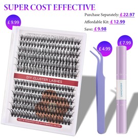 Cluster Lashes Extensions Kit 240 Pcs D Curl Individual Lashes 30D+40D 10-16mm Mixed DIY Lashes Volume Fluffy False Eyelashes with Bond and Seal Applicator at Home Lashes Kit (30D+40D)
