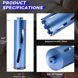 DaduoRi 3 1/2" Dry Core Drill Bit, 5/8"-11 Thread, with 3 Adapters Included: SDS Plus, SDS Max and 1/2" Hex Shank, 9.5" Drilling Depth, 3.5 Inch Core Bit for Concrete Masonry Brick Block Stucco