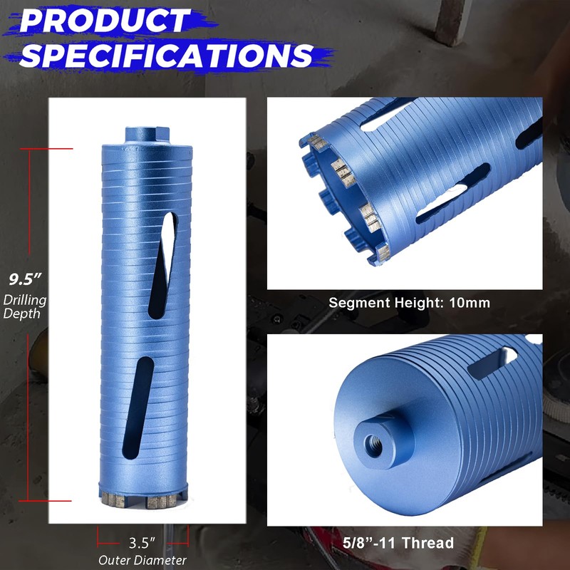DaduoRi 3 1/2" Dry Core Drill Bit, 5/8"-11 Thread, with