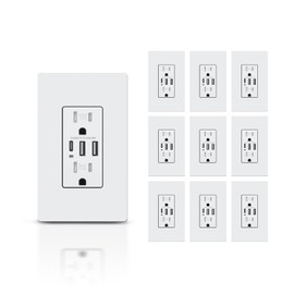 TOPELER USB Charger Wall Outlet, 6.0A USB Receptacle with Type A & Type C Ports, 15 Amp Duplex Tamper Resistant Receptacle Plug, Wall Plate Included, UL&FCC Listed, 10 Pack