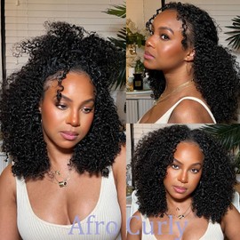 OQ Hair V Part Wig Human Hair Afro Curly Upgrade U Part With Adjustable Drawstring 180% Density V Shape Clip In Half Wig For Women Natural Color 24 Inch