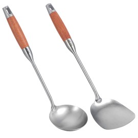 HonGien Set of 2 304 Stainless Steel Spatula Spoon Set, Cooking Accessory Set, Wok Spatula and Ladle with Heat-Resistant Pear Wood Handle
