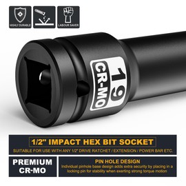 KIRXST 1/2" Impact Hex Bit Socket, H19 (19mm) Allen Key Socket, Premium CR-MO Steel, for Torque Wrench, Ratchet Wrench, Impact Power Drills